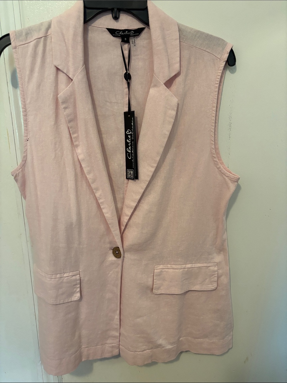CHARLIE B Pale Pink Sleeveless Linen-Blend Blazer Vest